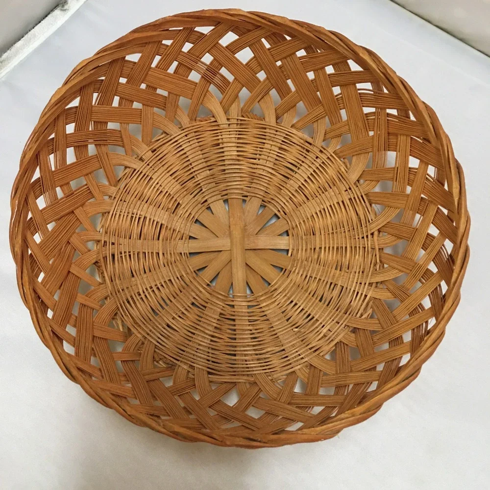 Woven Bamboo Basket Home Decor Medium Brown Round Lattice Weave Cottagecore